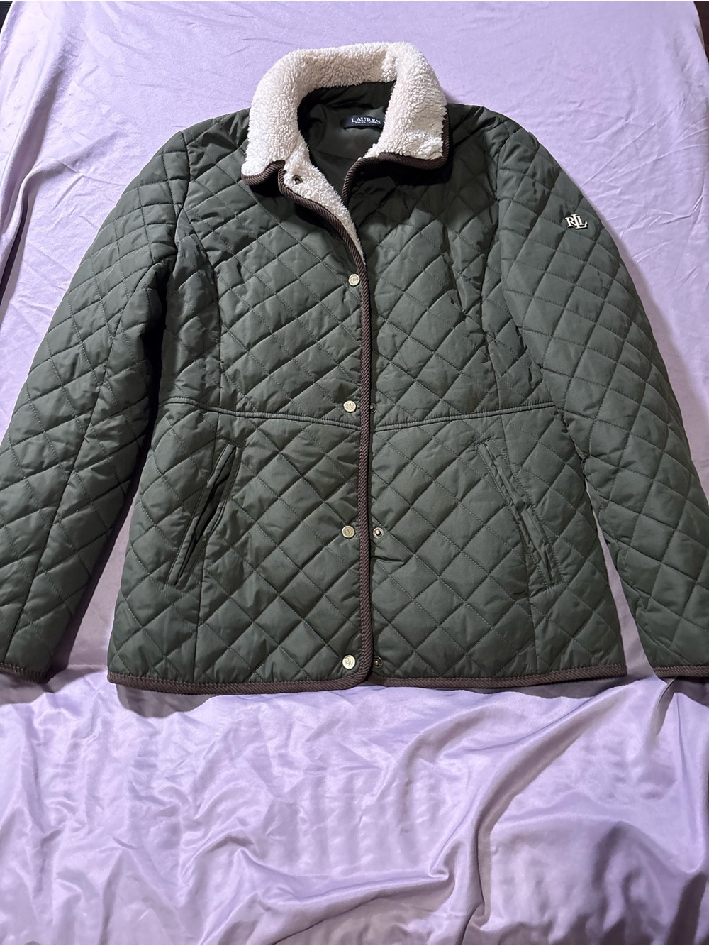 Ralph Lauren Quilted Olive Jacket with Cream Sherpa Collar